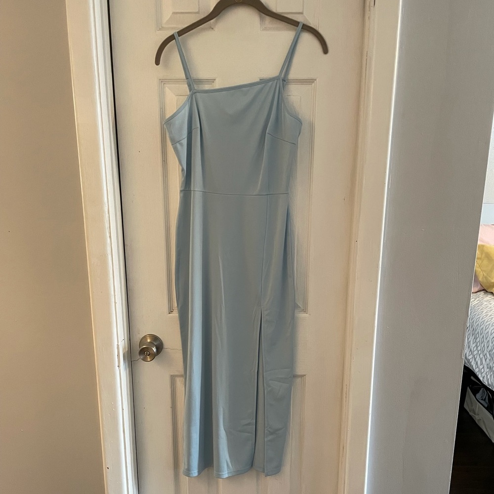 Vici Dolls Light Blue Asymmetrical top midi dress with slit, size small